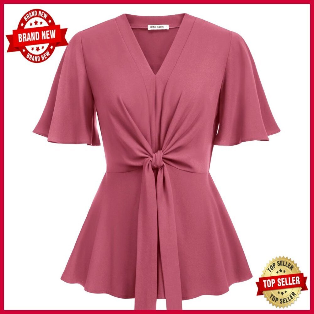 V-Neck Peplum Top with Bell Sleeves, Slim Fit, Polyester Blend